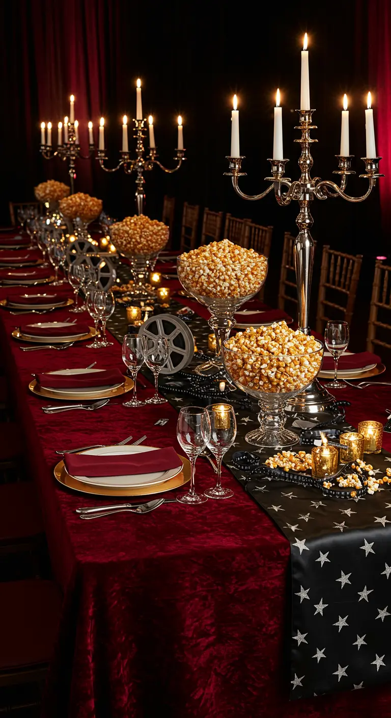 Table opulente avec chemin de table étoilé, candélabres dorés et velours rouge.
