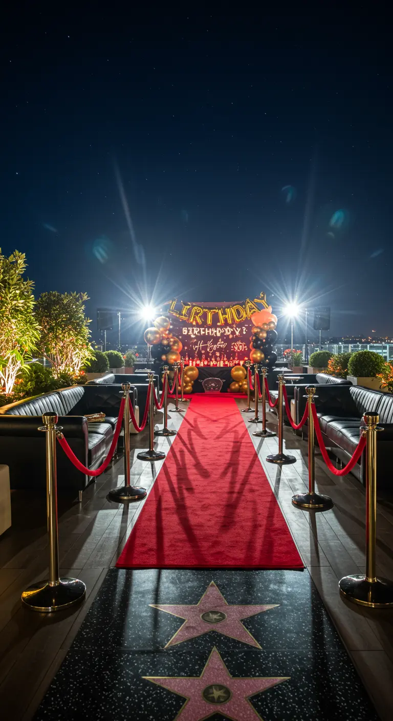 Terrasse avec tapis rouge Hollywood, étoiles au sol et projecteurs.
