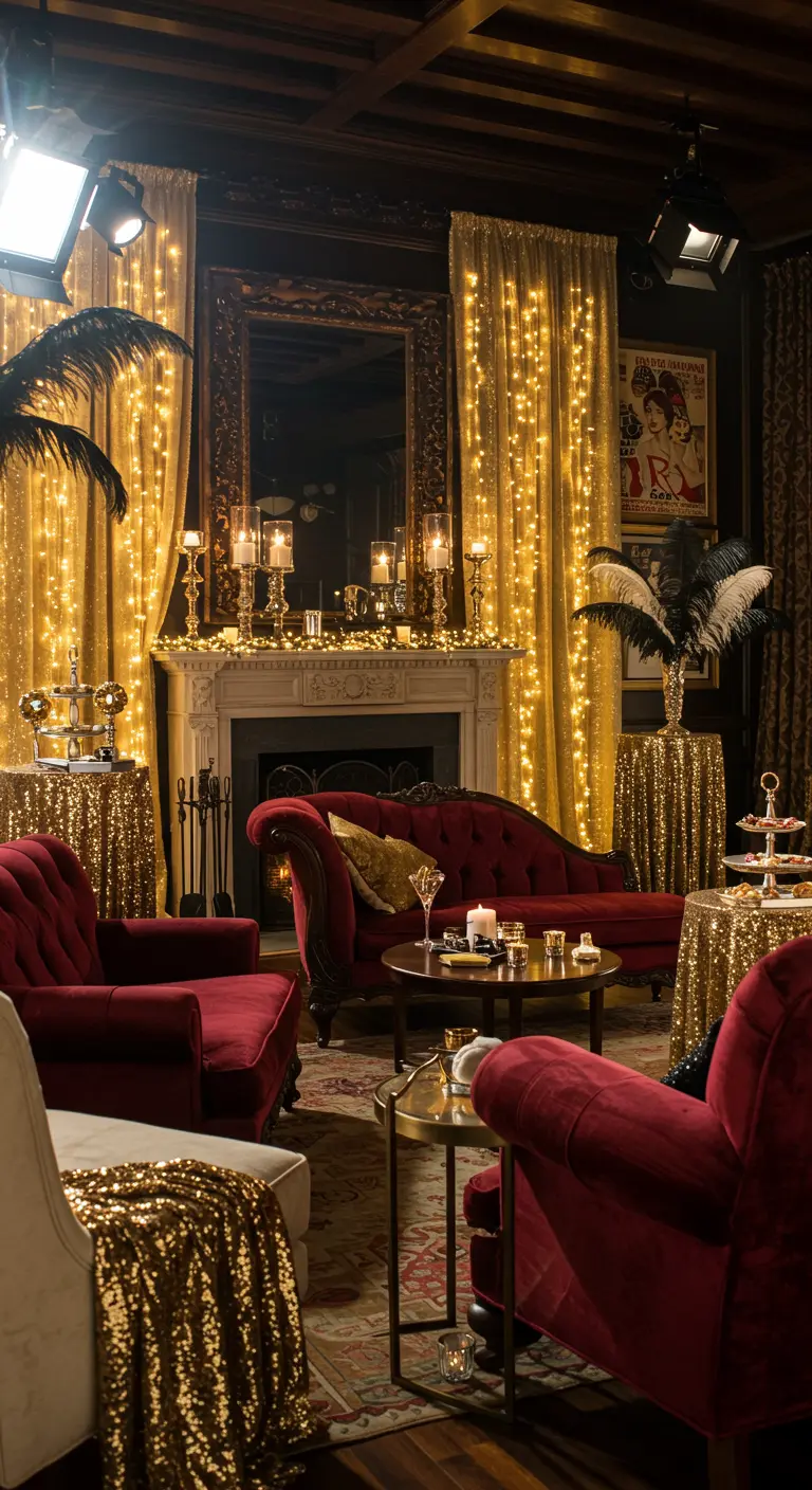 Un salon glamour avec des rideaux de lumières dorées, des canapés en velours rouge et des touches de plumes.