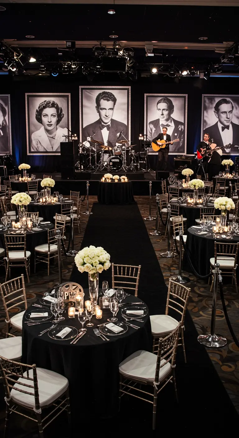 Soirée à thème Hollywood avec des portraits géants d'acteurs en fond de scène.