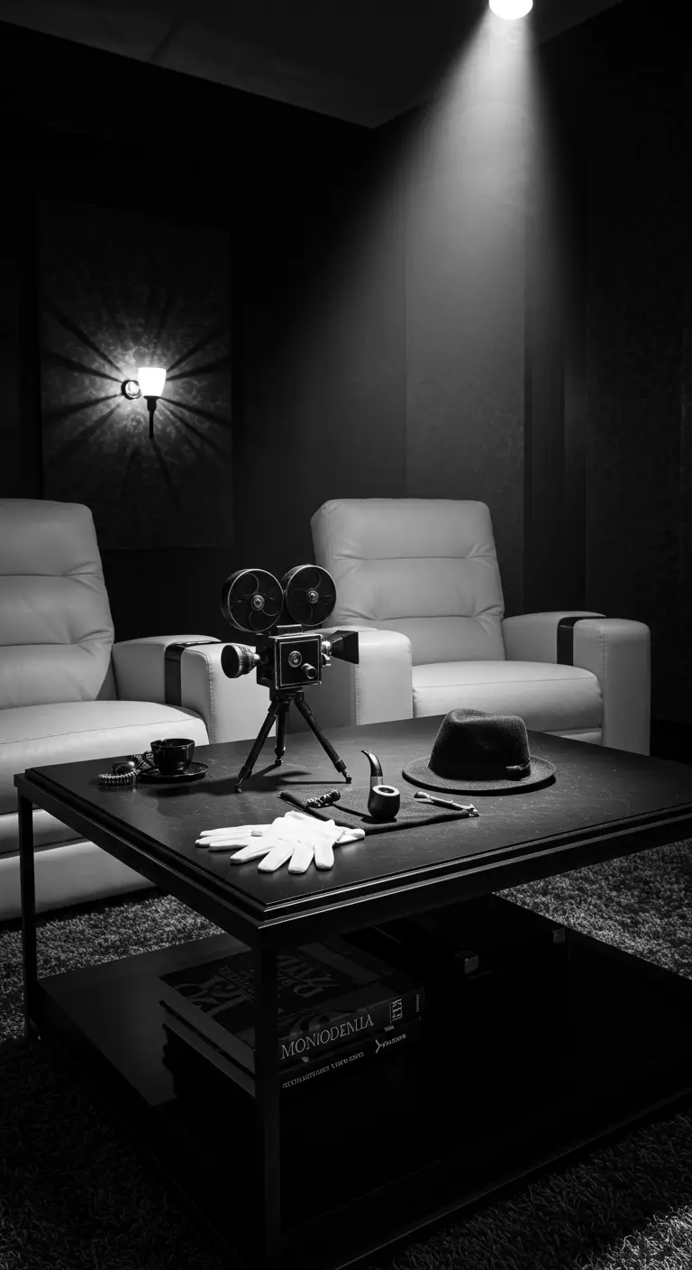 Décoration en noir et blanc avec caméra vintage, chapeau et gants pour un thème film noir.