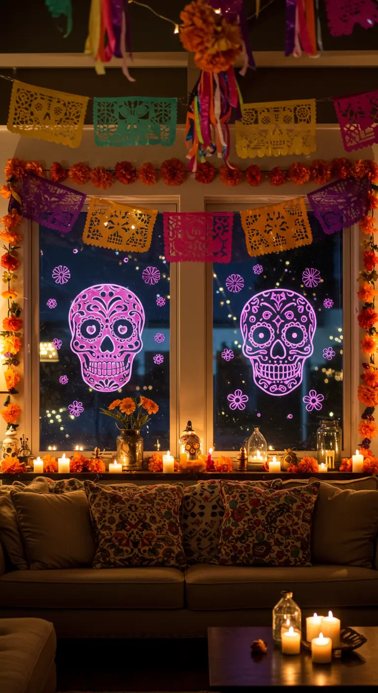 Salon décoré avec calaveras lumineuses aux fenêtres, guirlandes florales et papel picado.