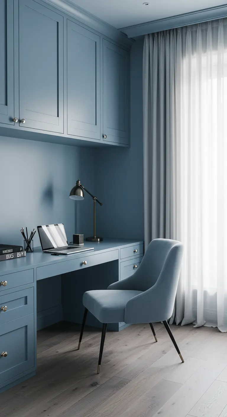 Bureau intégré bleu poudré avec rangements et chaise en velours bleu.
