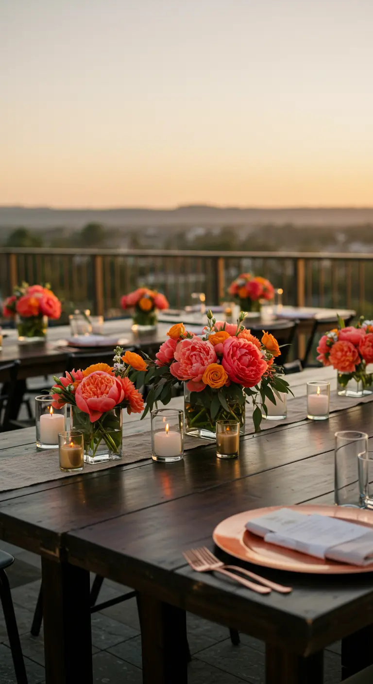 Table de dîner sur un rooftop au coucher du soleil, pivoines orange/rose, sous-assiettes cuivre et bougies.