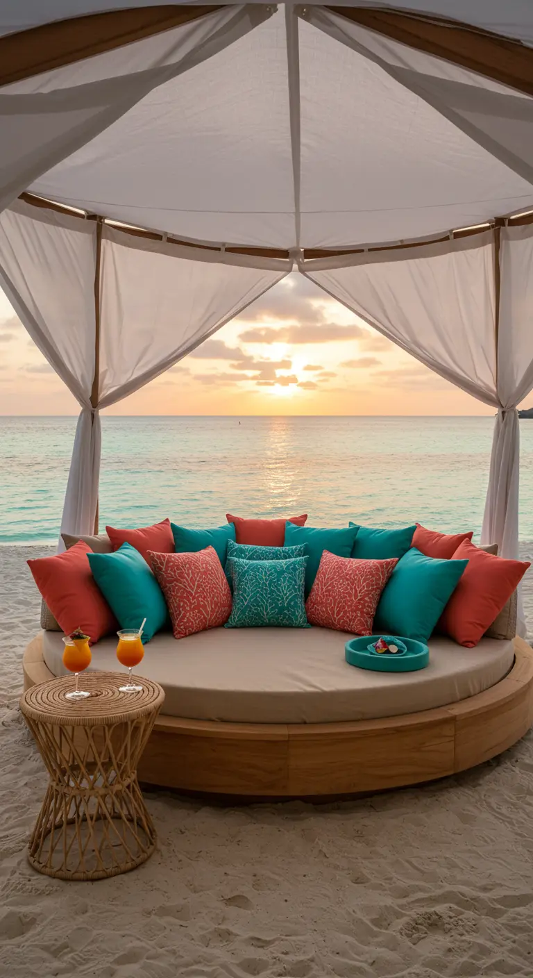 Lit de jour rond sur la plage avec coussins corail et turquoise