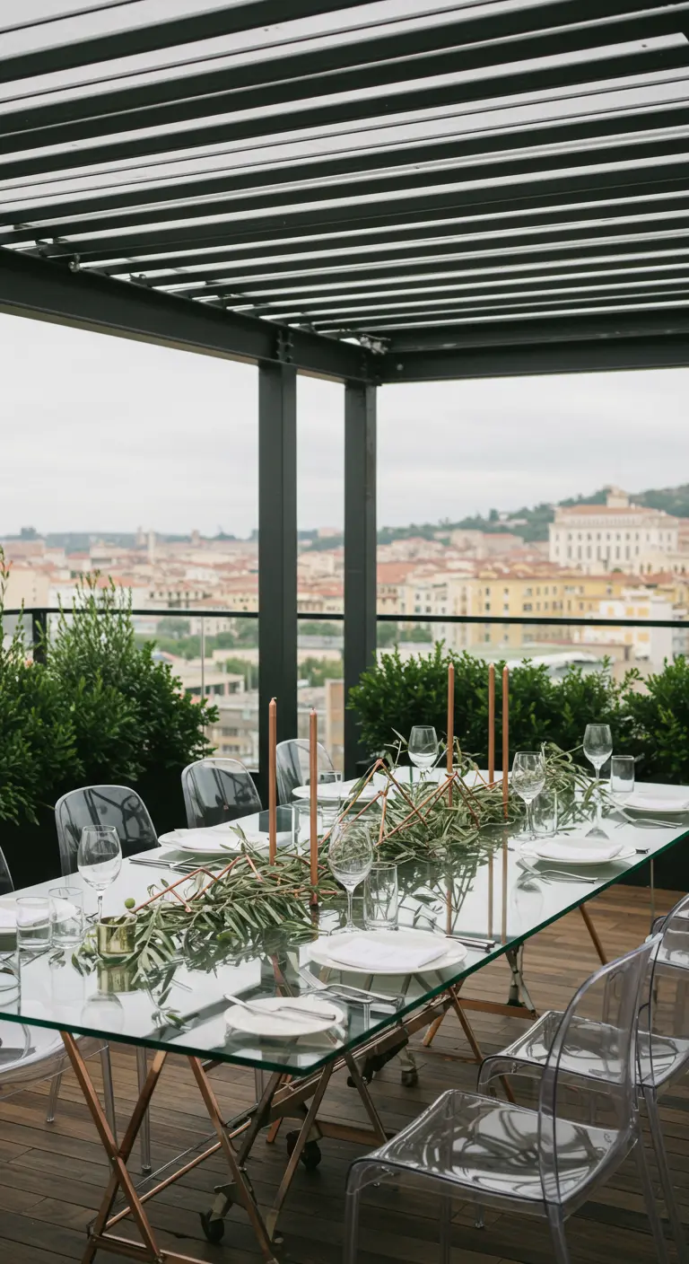 Table en verre sur un rooftop, décorée de branches d'olivier et de hauts bougeoirs en cuivre.