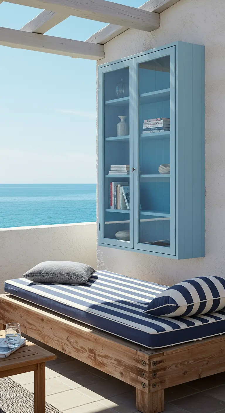 Armoire murale bleue vitrée sur un balcon avec vue sur la mer.