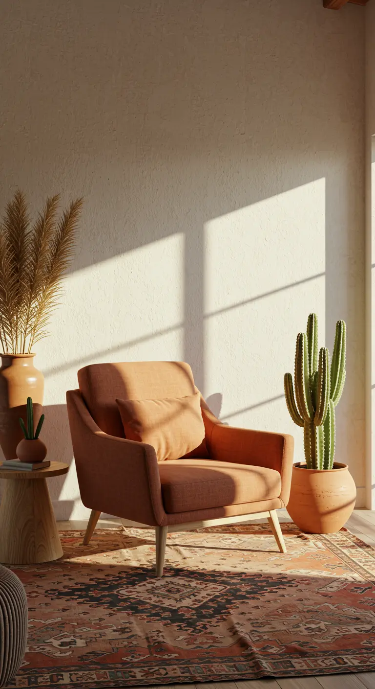 Salon d'inspiration désertique avec fauteuil terracotta et un grand cactus.