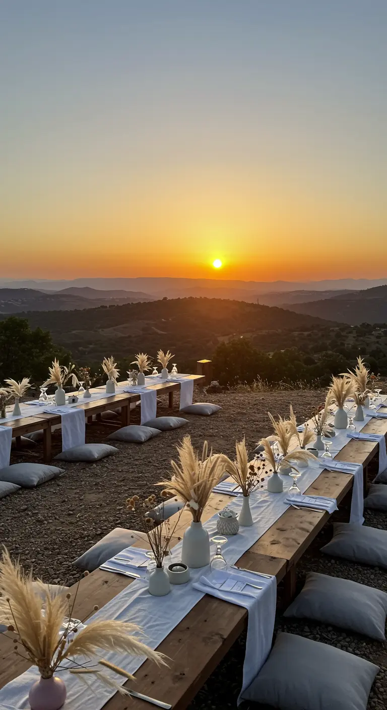 Dîner bohème en plein air avec de longues tables basses, coussins de sol, bouquets de pampa face à un coucher de soleil.