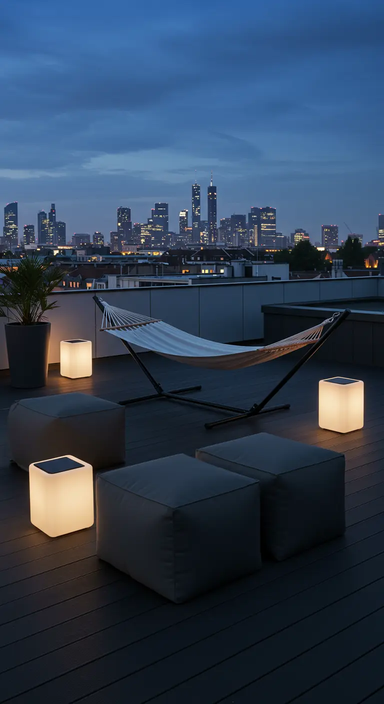 Hamac sur pied, poufs et cubes lumineux sur un toit-terrasse la nuit.