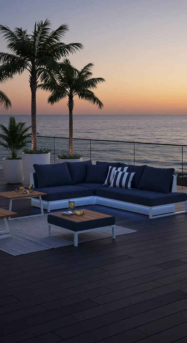 Canapé d'angle blanc avec LED, coussins marine et palmiers, sur terrasse côtière au coucher du soleil.