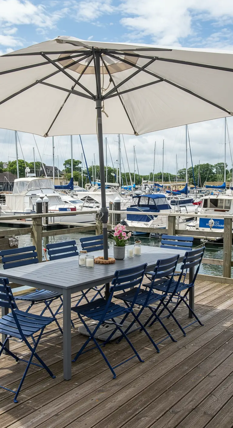 Table grise, chaises bleues, parasol blanc sur un ponton de marina avec bateaux.