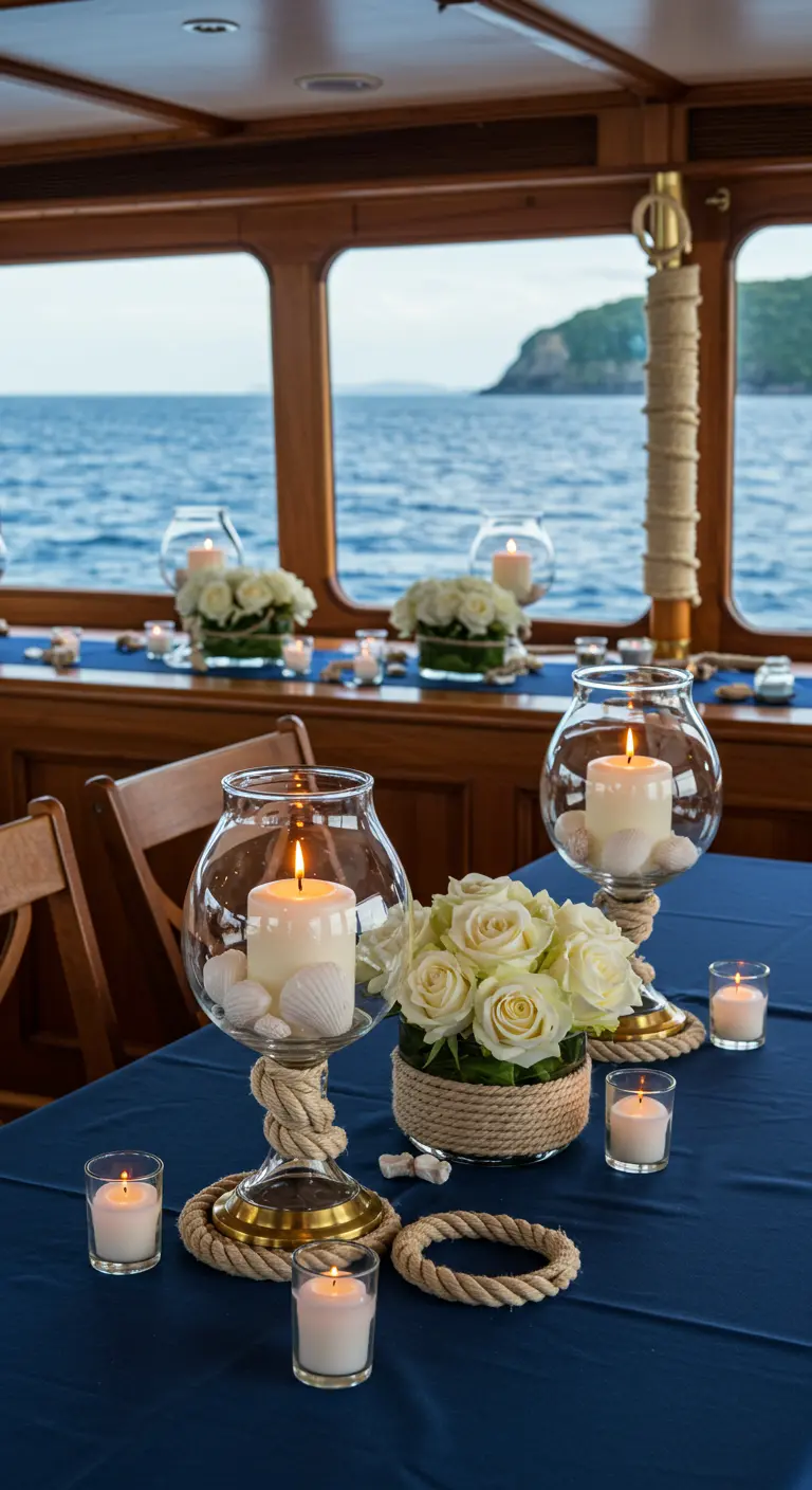 Table de bateau avec nappe bleue, décor marin de roses blanches, cordages et coquillages.