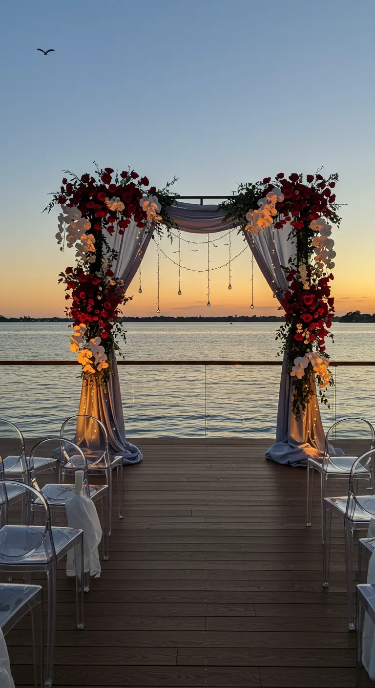 Arche florale rouge et blanche avec drapés gris sur un ponton au coucher de soleil, vue mer.