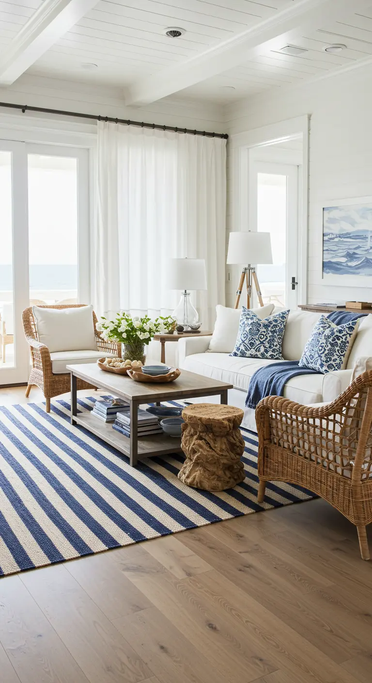 Salon de style côtier avec tapis à rayures bleues et blanches et fauteuils en rotin.