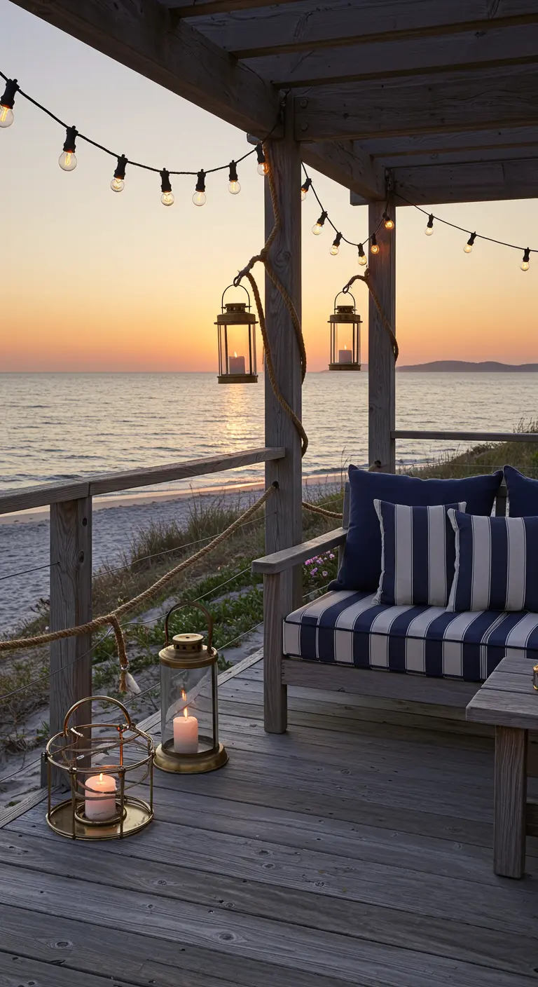 Terrasse en bois face à la mer avec lanternes suspendues et guirlandes lumineuses.