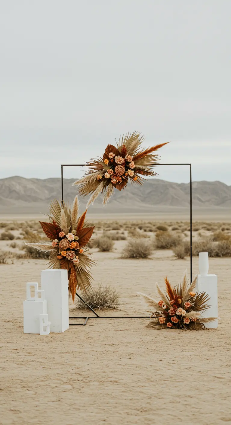 Arche métallique noire avec compositions florales de pampas et fleurs séchées dans un paysage désertique.