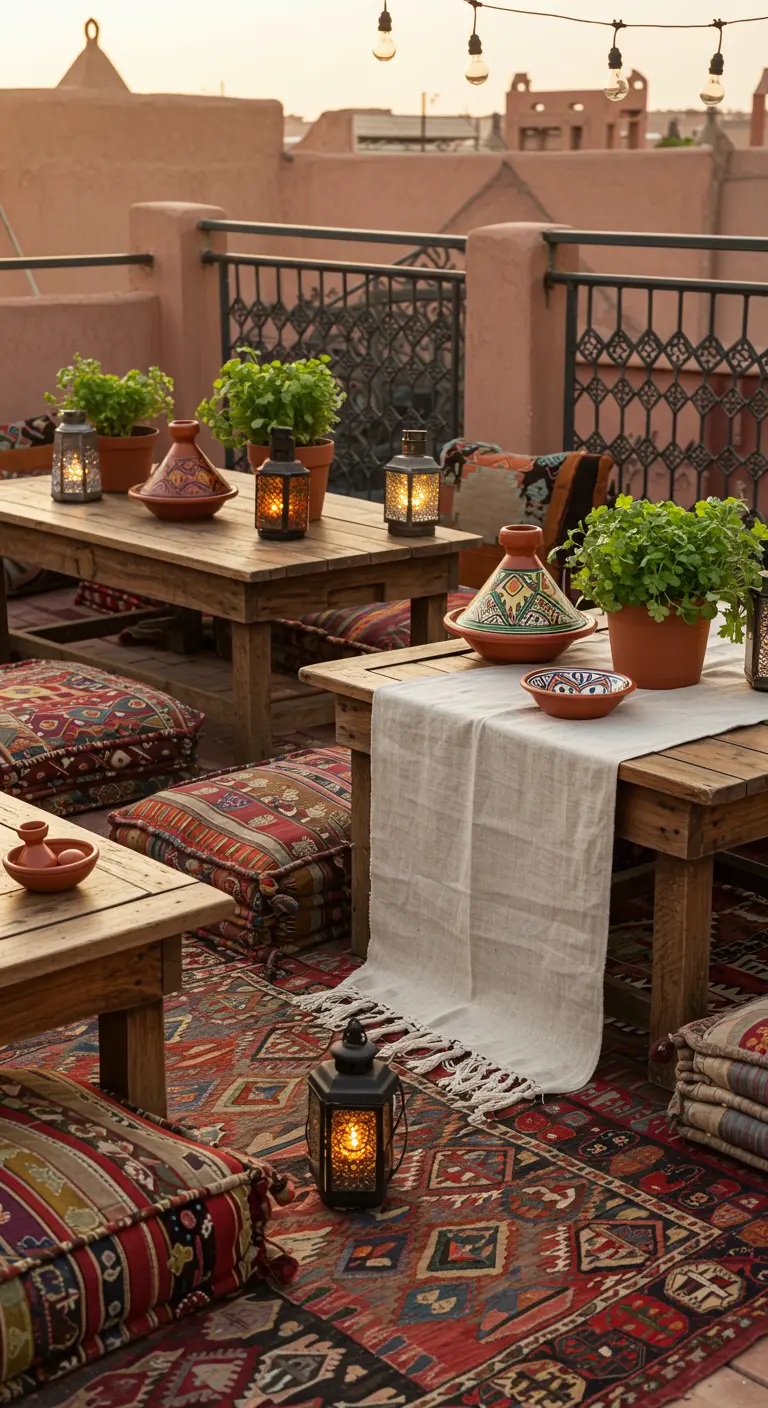 Tables basses sur un rooftop avec des coussins de sol et des tapis.