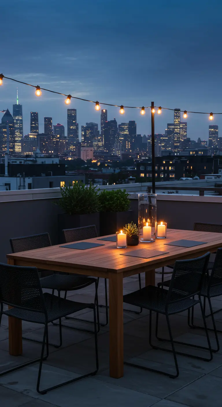 Coin repas sur un toit-terrasse avec des guirlandes lumineuses et vue sur la ville de nuit.