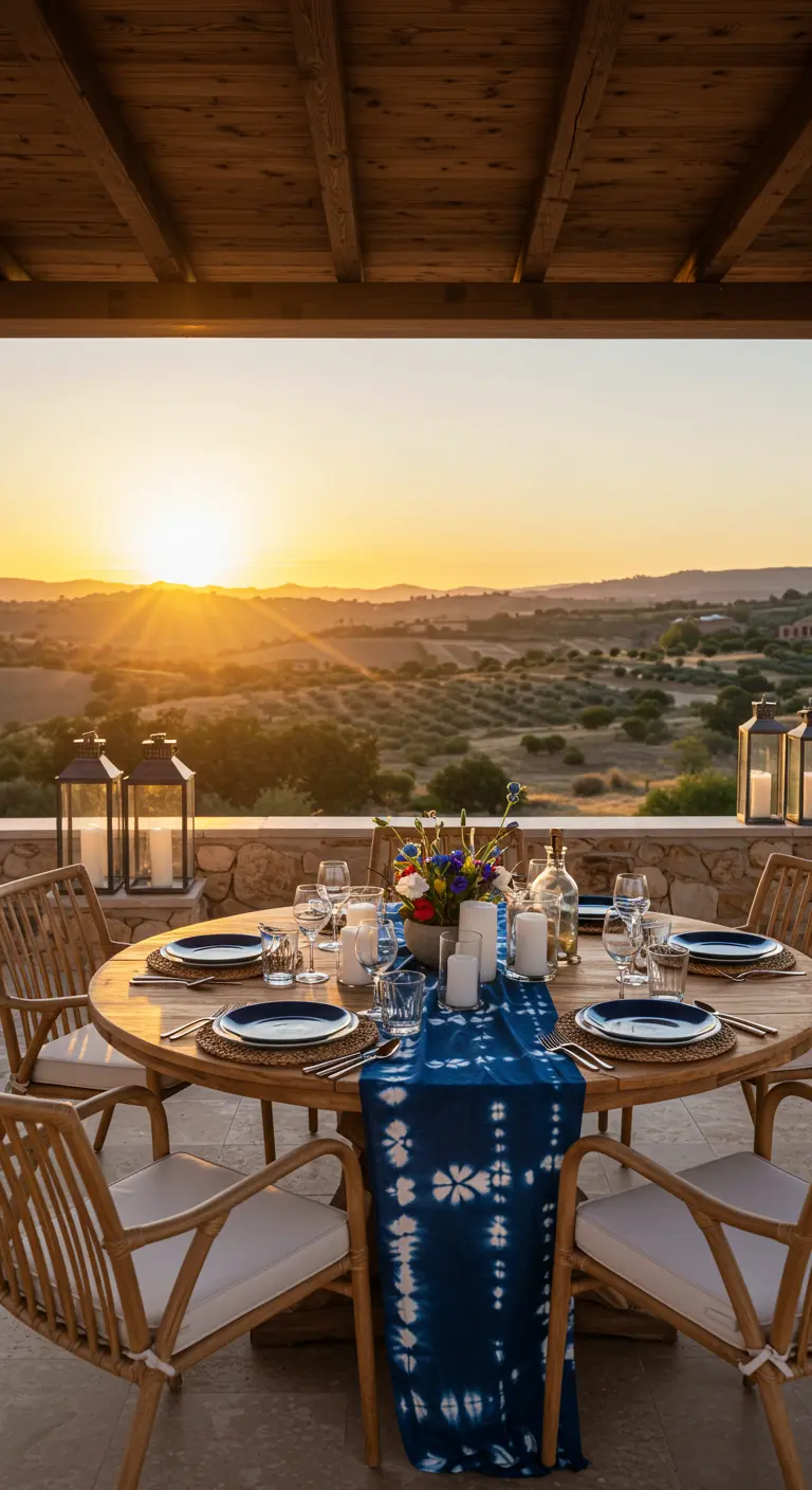 Table ronde sur une terrasse au coucher du soleil avec un chemin de table bleu indigo.