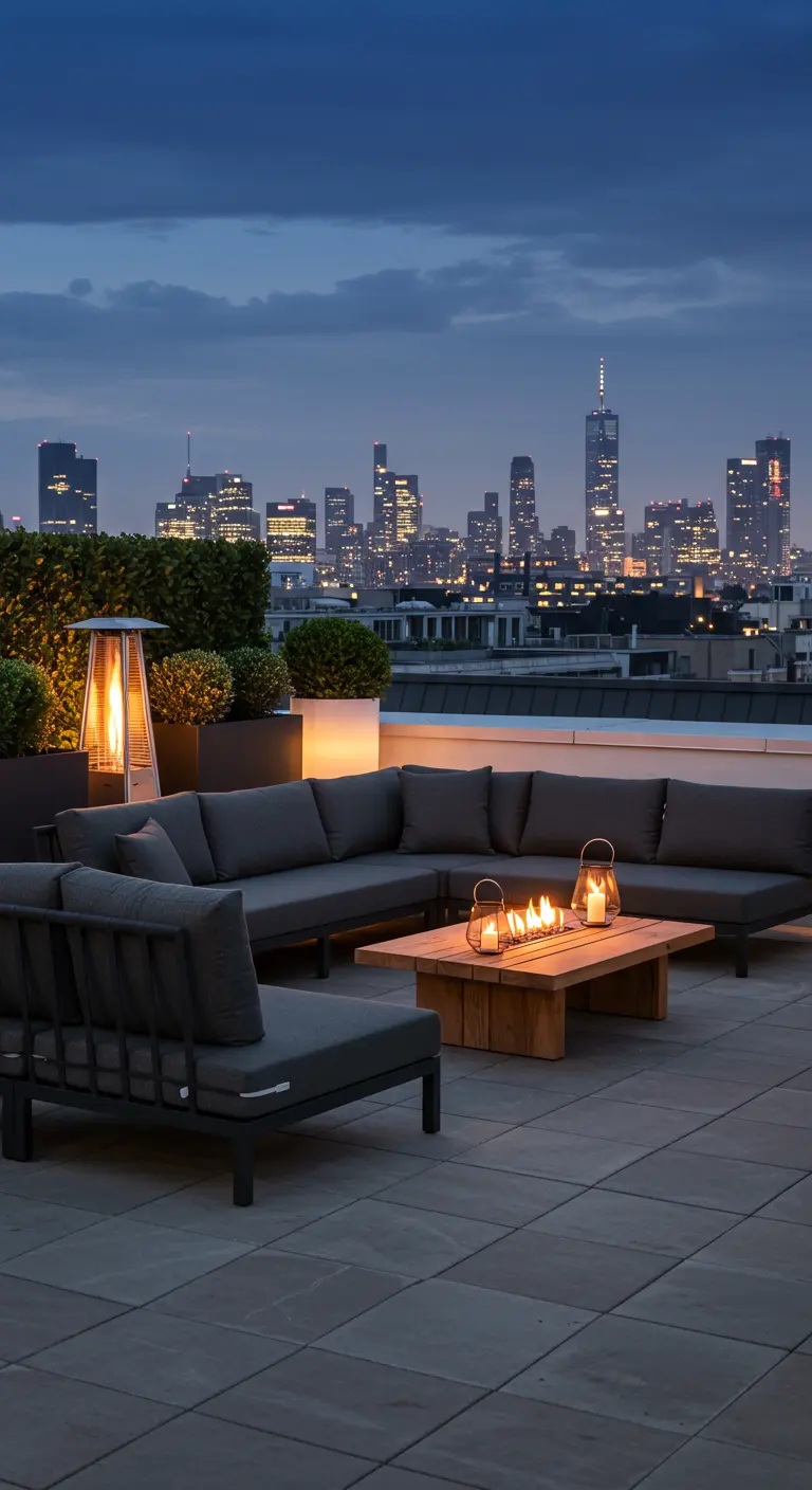 Salon de jardin modulable gris foncé sur un toit avec vue sur la ville de nuit.
