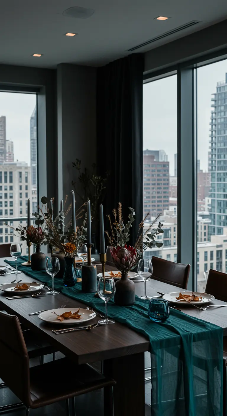 Longue table en bois avec chemin de table bleu marine, compositions de fleurs et bougeoirs gris, vue sur la ville.