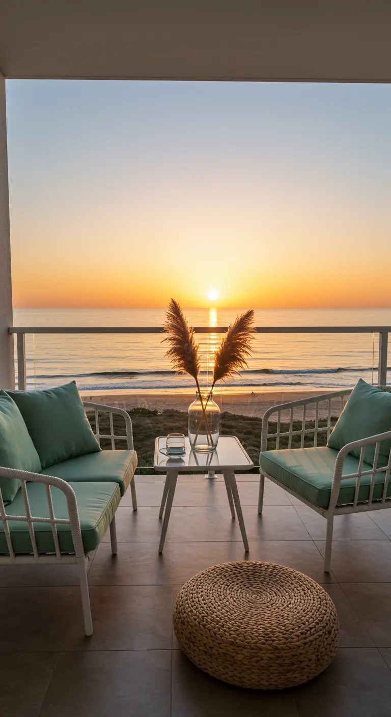 Deux fauteuils en rotin blanc avec des coussins vert menthe sur un balcon face à la mer au coucher du soleil.
