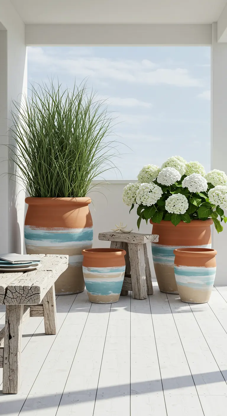 Pots peints dans des tons de plage avec des graminées et des hortensias blancs.