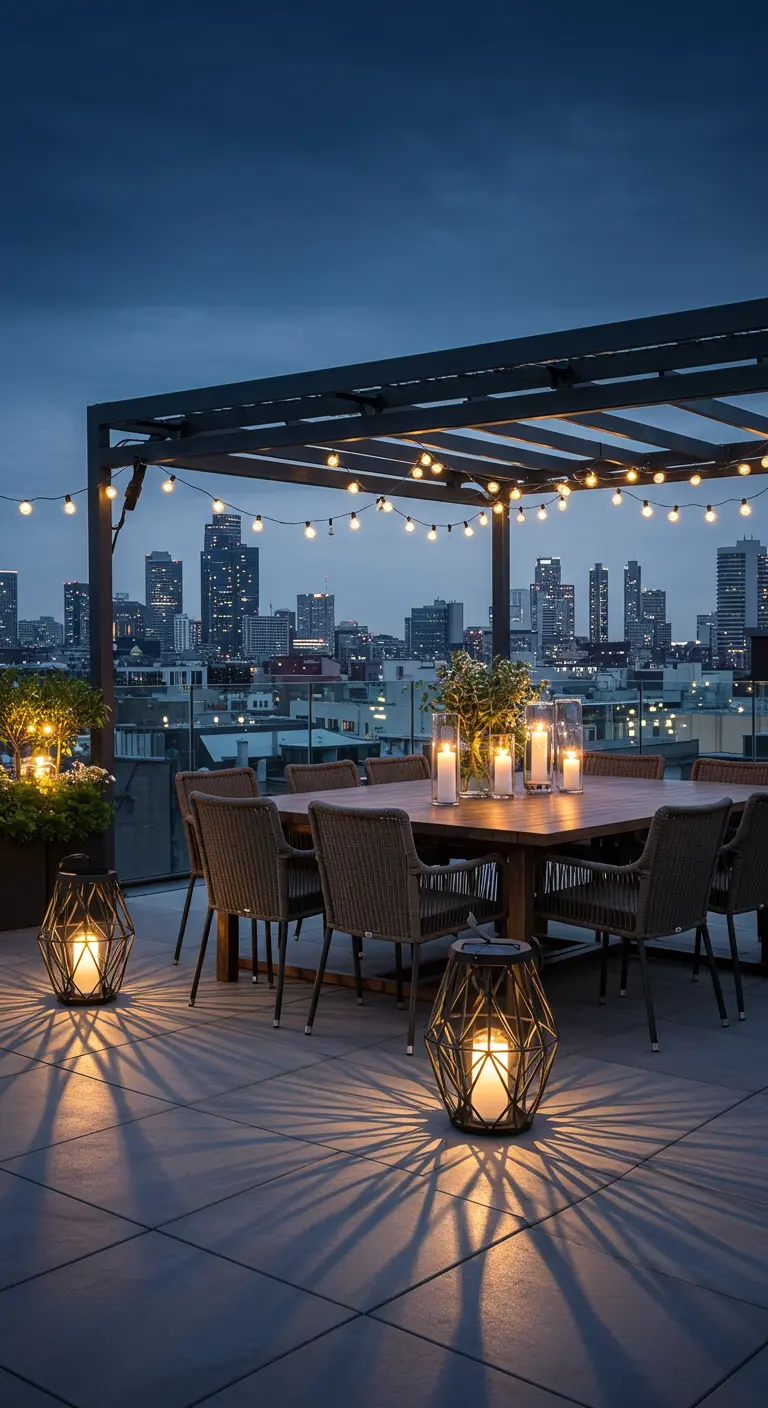 Dîner en rooftop avec guirlandes lumineuses sur pergola et lanternes modernes.