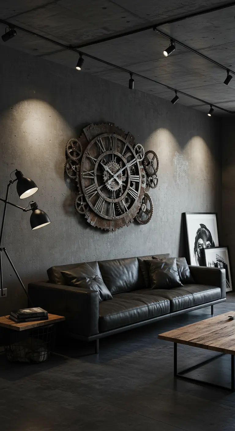 Grande horloge murale décorative à engrenages apparents sur un mur en béton sombre, derrière un canapé en cuir noir.
