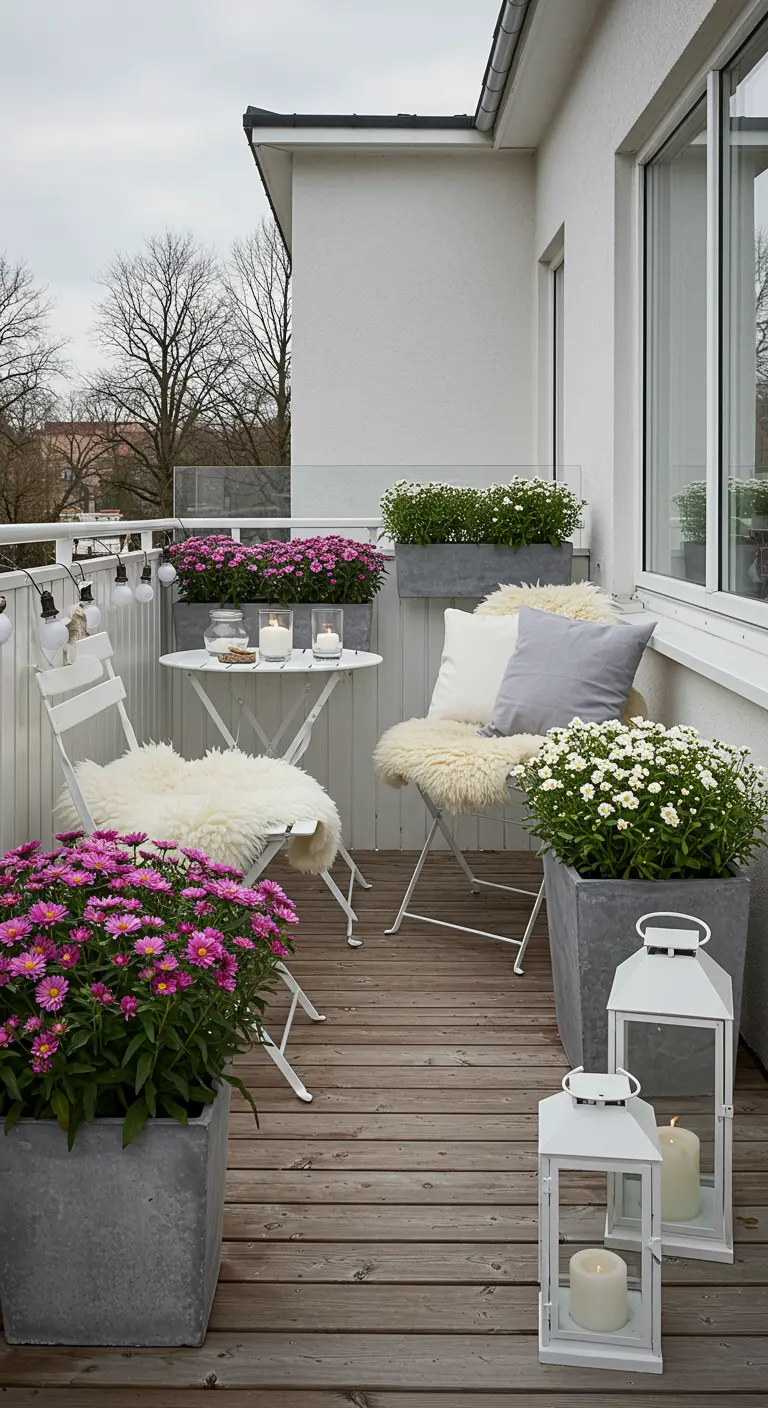 Balcon de style scandinave avec des chrysanthèmes roses, des peaux de mouton et des lanternes.