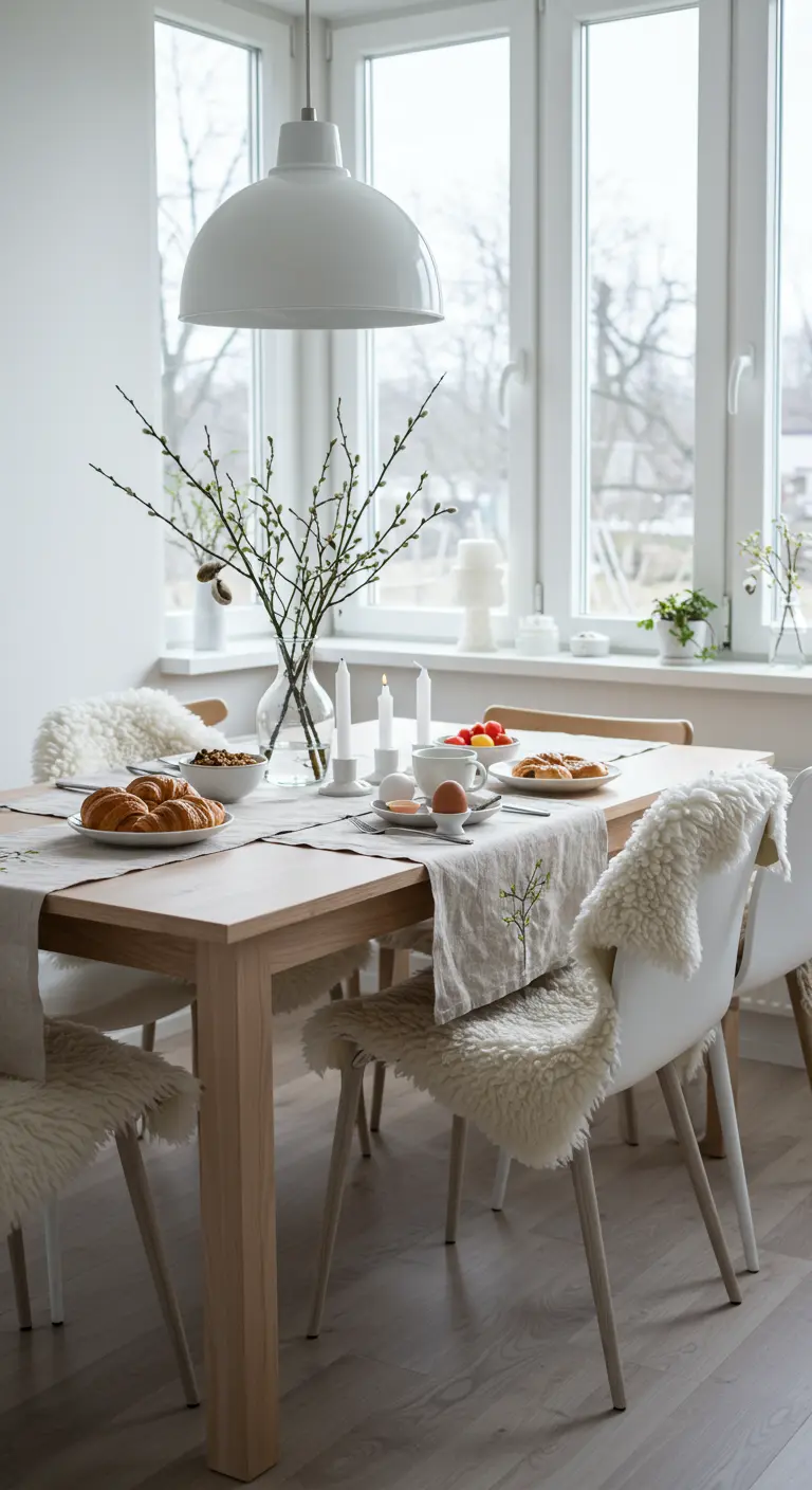 Chemin de table en lin sur table en bois, branches de chatons, peaux de mouton sur chaises.