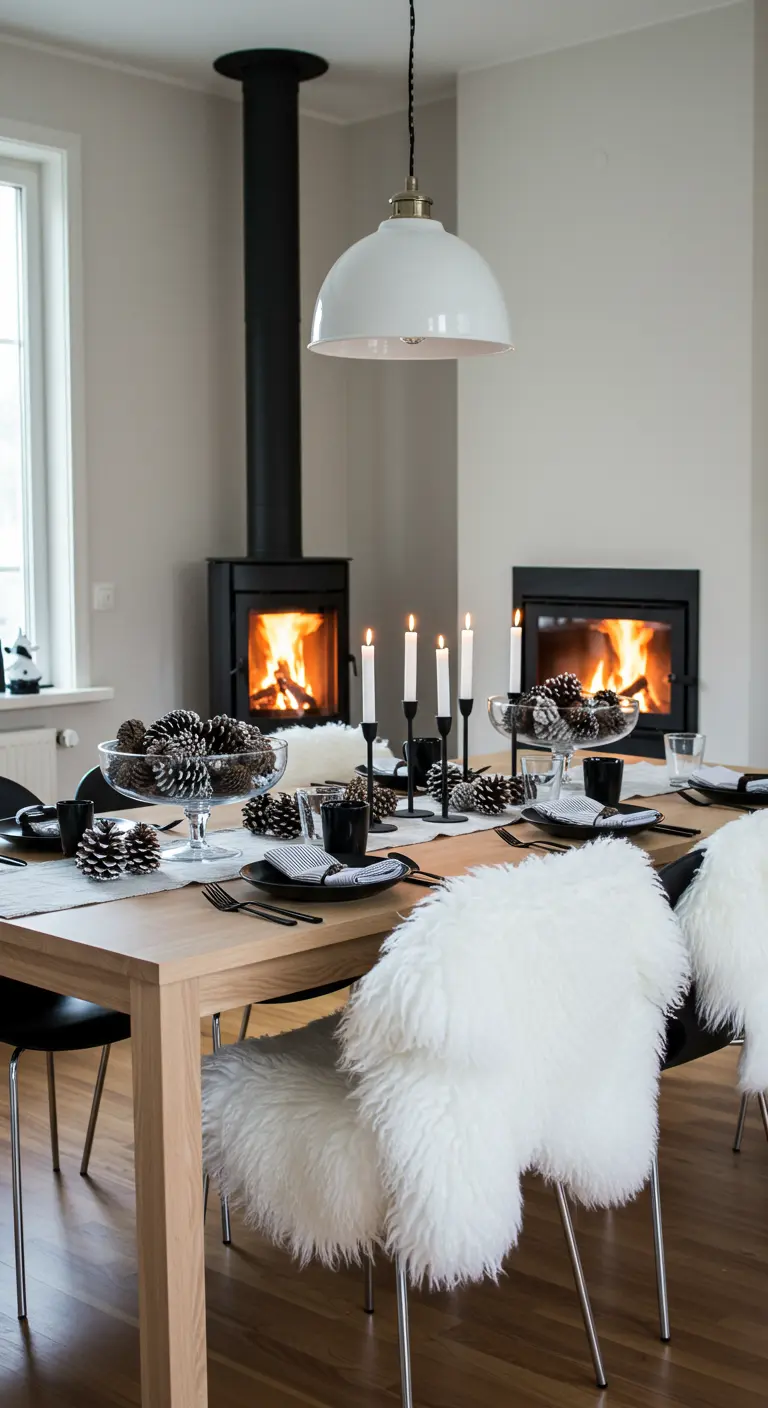 Table à manger scandinave avec des peaux de mouton et des poêles à bois.
