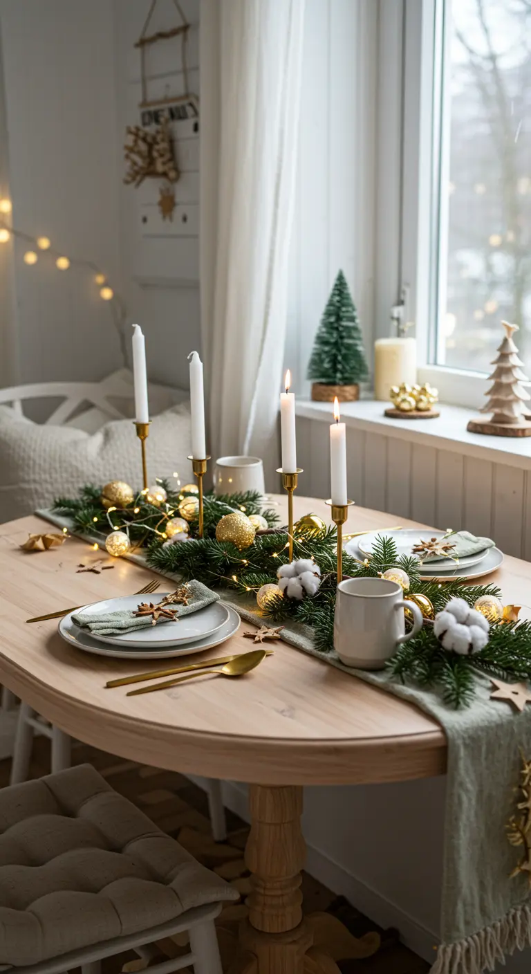 Table en bois clair avec chemin de table sapin, boules dorées, coton, bougies et décorations bois.