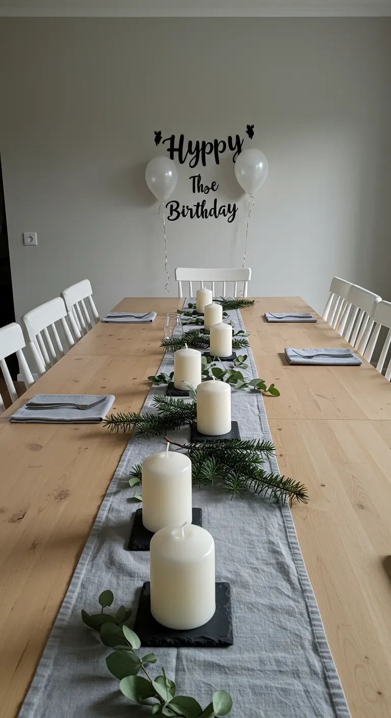 Table scandinave avec chemin de table gris, bougies et branches de sapin.