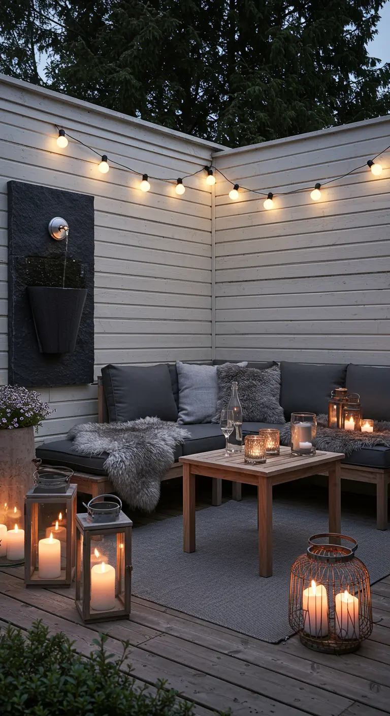 Patio scandinave avec fontaine, guirlandes lumineuses, lanternes et plaids en fausse fourrure.