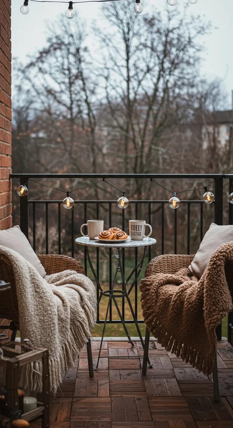 Deux chaises sur un balcon avec des couvertures chaudes et une guirlande lumineuse.