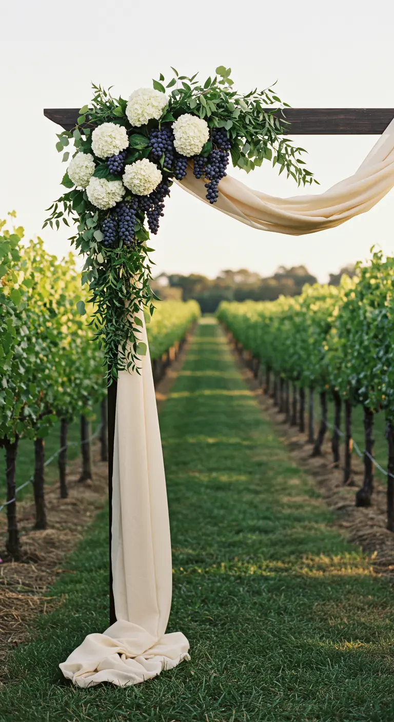 Arche de mariage dans un vignoble avec hortensias et grappes de raisin.