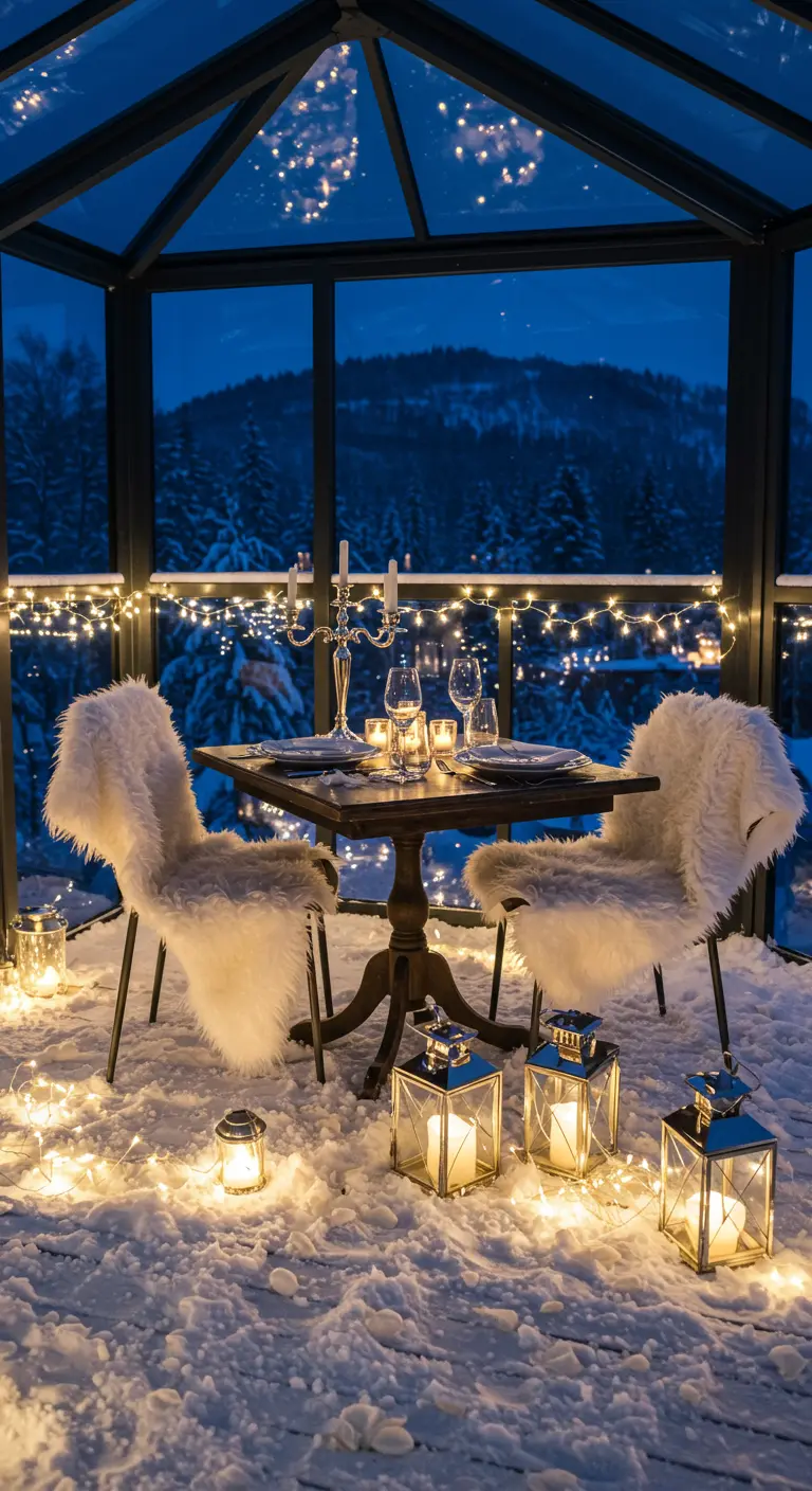 Dîner romantique dans une véranda enneigée avec plaids en fourrure.
