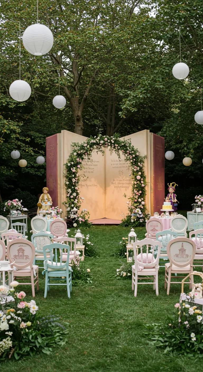 Décor de fête avec un livre de contes géant servant de toile de fond à une arche de fleurs.