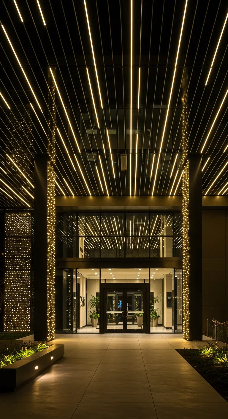 Façade d'immeuble de bureaux moderne avec des lignes de guirlandes LED verticales et horizontales.