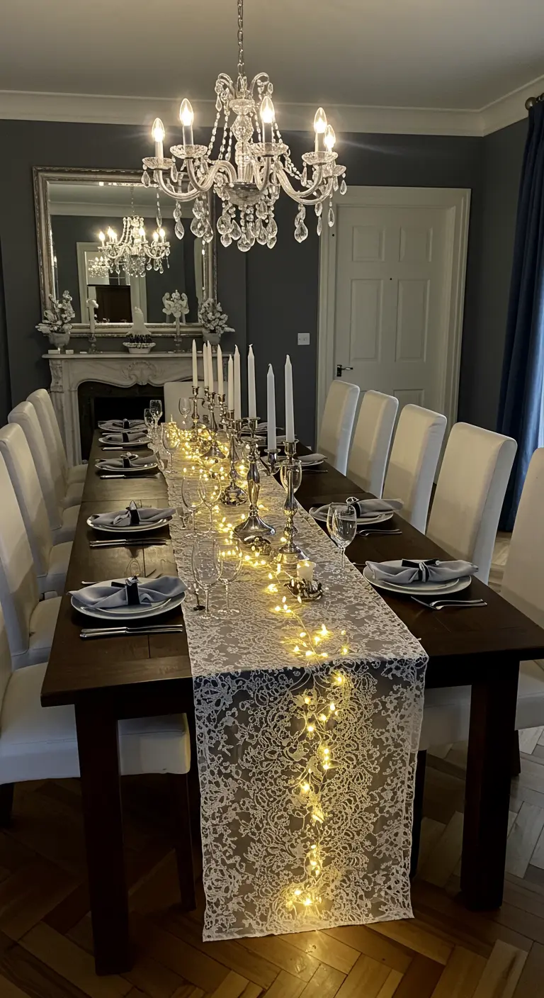Longue table de dîner élégante avec chemin de table en dentelle illuminé par des guirlandes lumineuses.