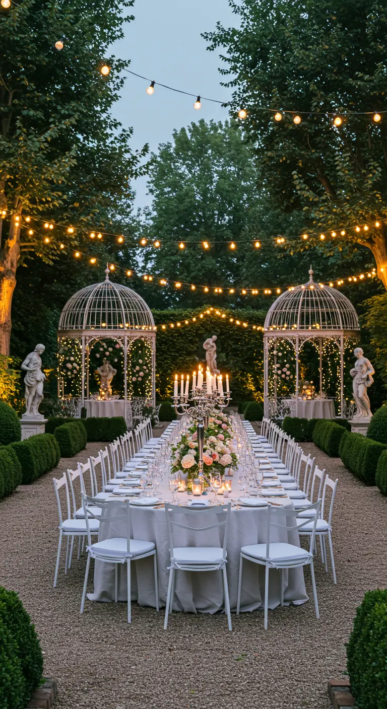 Longue table de dîner en plein air sous des guirlandes lumineuses, entre deux tonnelles décorées.