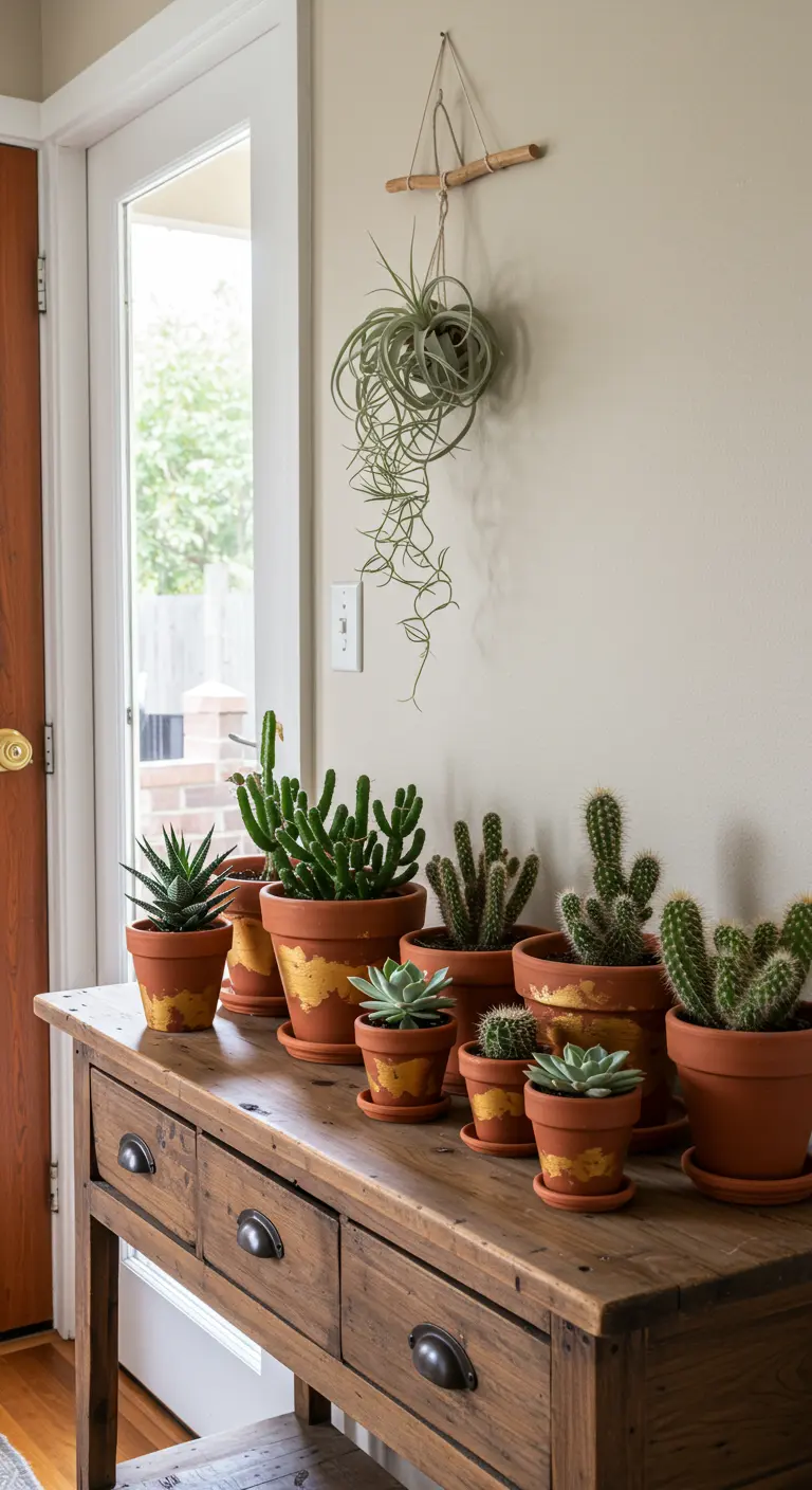 Collection de cactus et de succulentes dans des pots en terre cuite décorés à la feuille d'or.