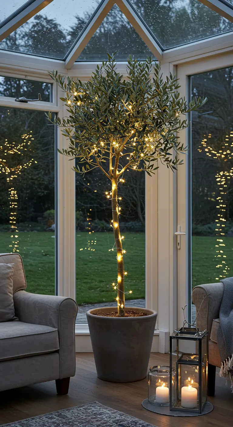 Plante d'intérieur en pot, de type olivier, décorée d'une fine guirlande lumineuse.