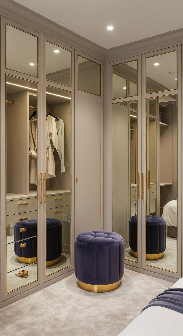 Dressing avec portes miroir et baguettes dorées, ottoman en velours violet.