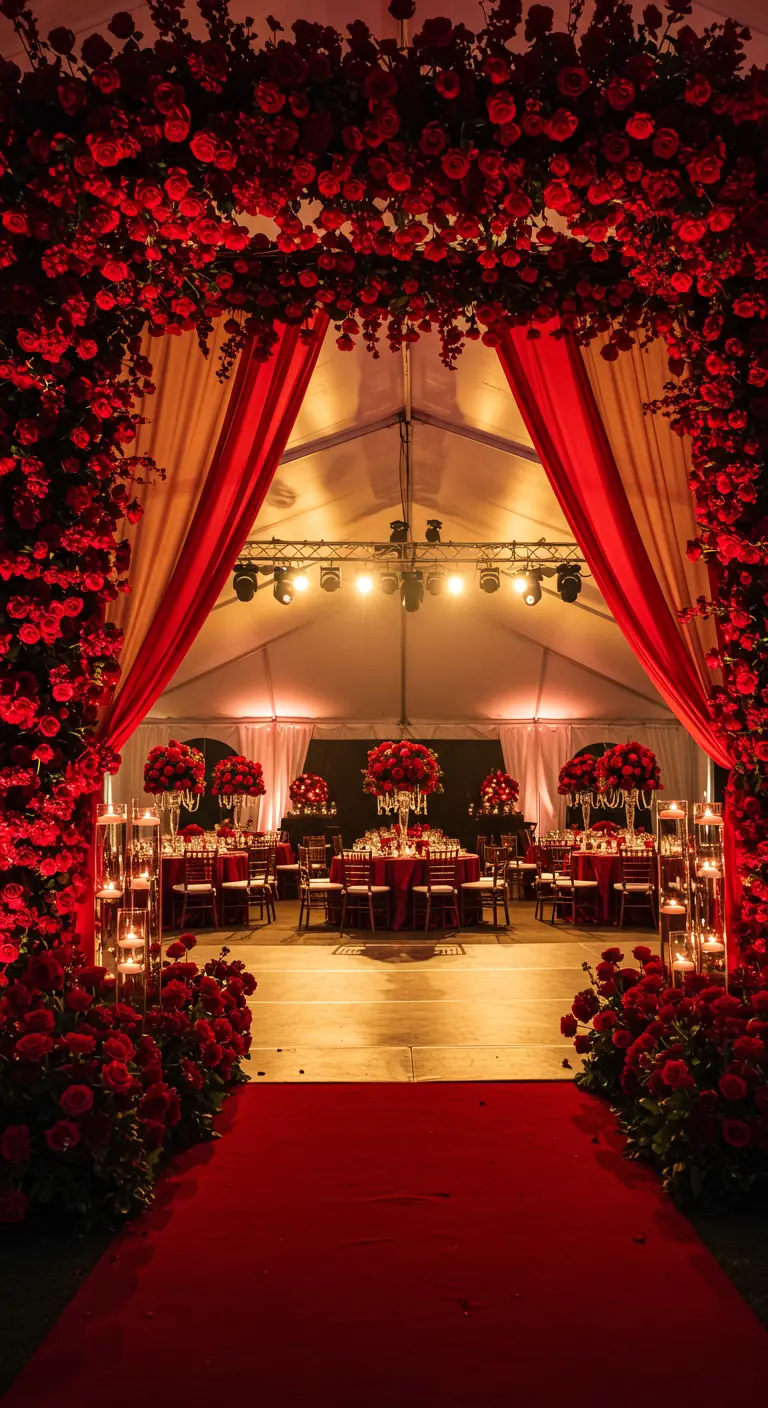 Tente de réception avec une allée en tapis rouge et des murs entièrement recouverts de roses rouges.