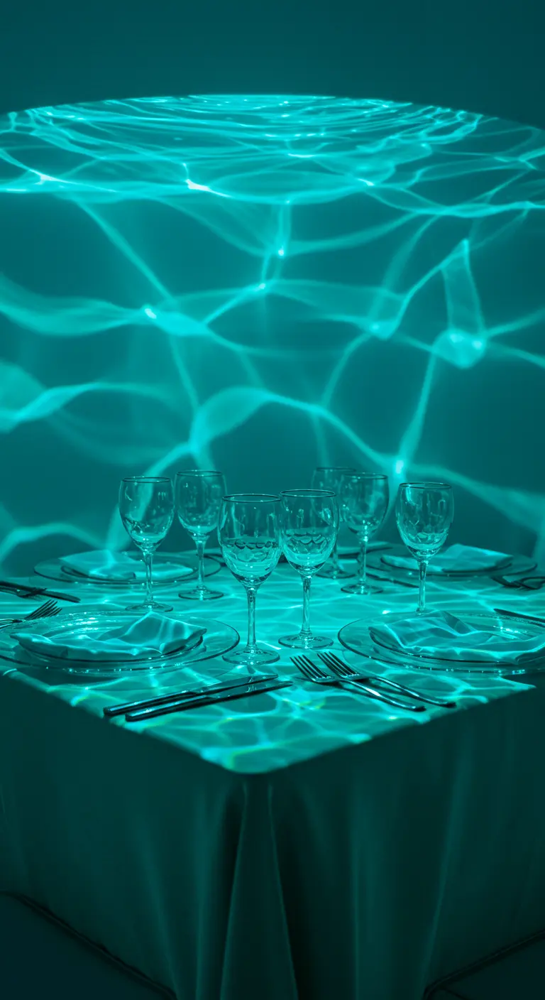 Table dressée sous une projection de lumière à effet de vagues, créant une ambiance aquatique.