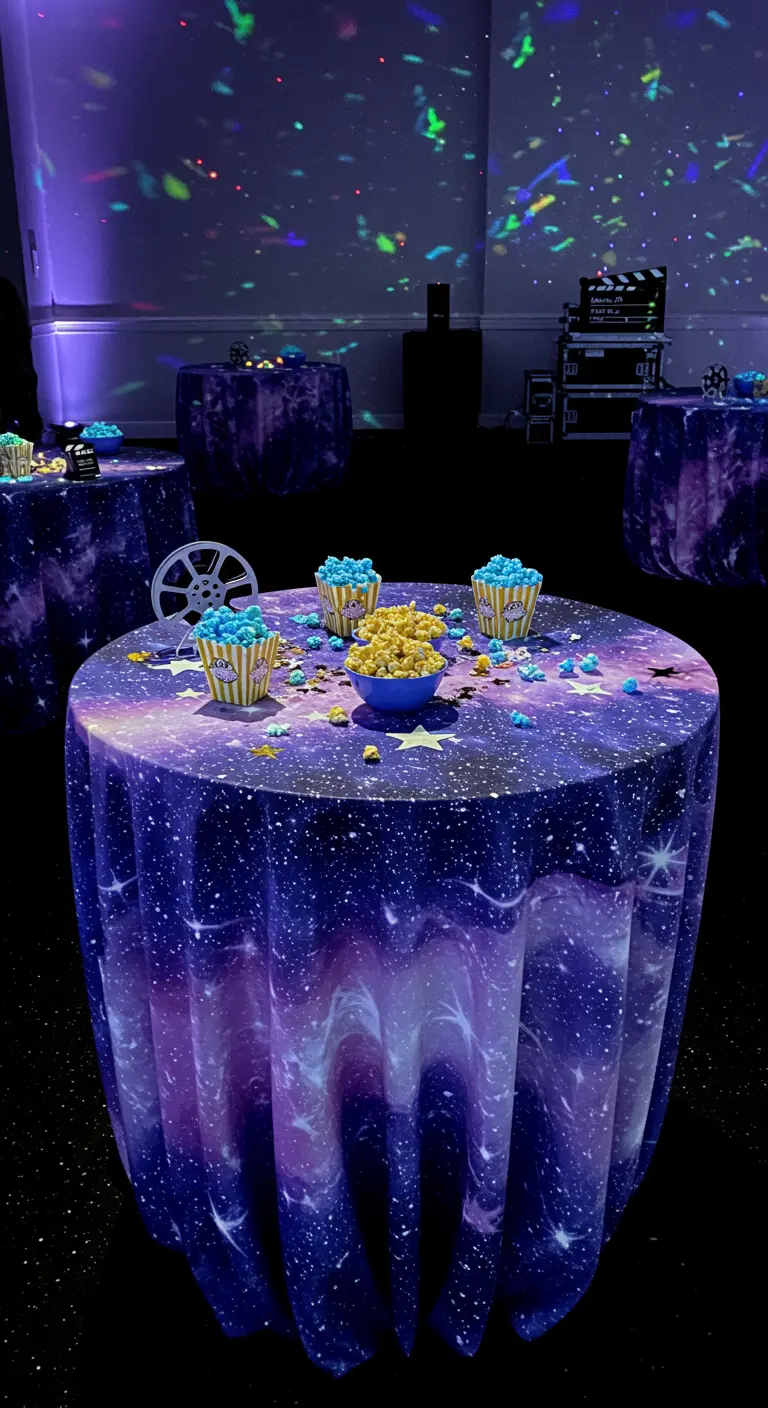 Tables rondes avec nappes galaxie, pop-corn coloré et décorations néon fluorescentes.