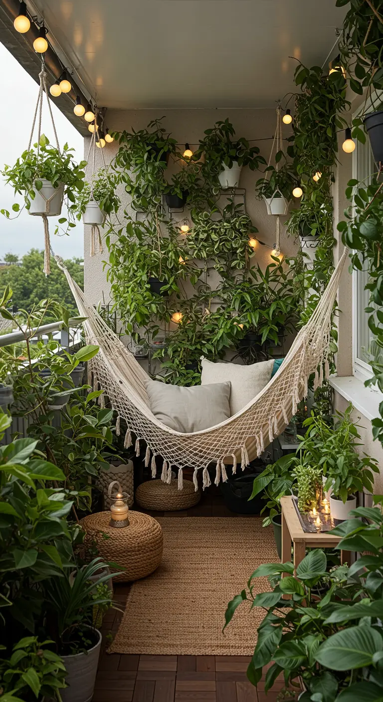 Balcon jungle avec hamac crème, nombreuses plantes grimpantes et suspendues, et guirlandes lumineuses.